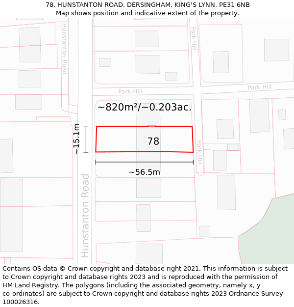 78, HUNSTANTON ROAD, DERSINGHAM, KING'S LYNN, PE31 6NB: Plot and title map