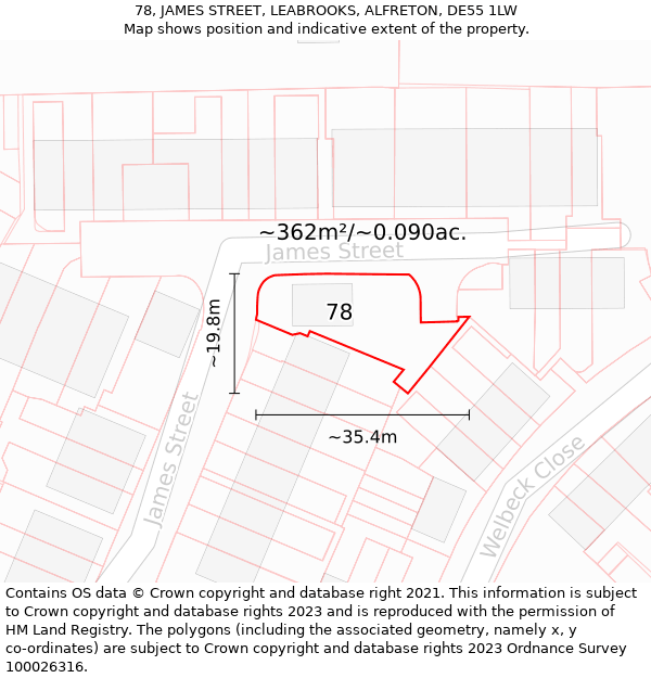 78, JAMES STREET, LEABROOKS, ALFRETON, DE55 1LW: Plot and title map