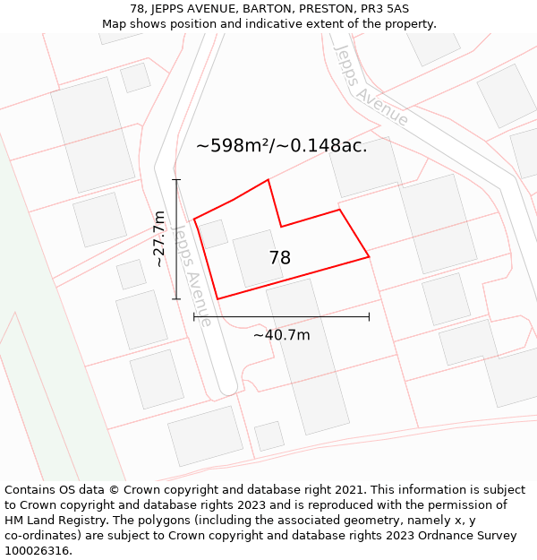 78, JEPPS AVENUE, BARTON, PRESTON, PR3 5AS: Plot and title map