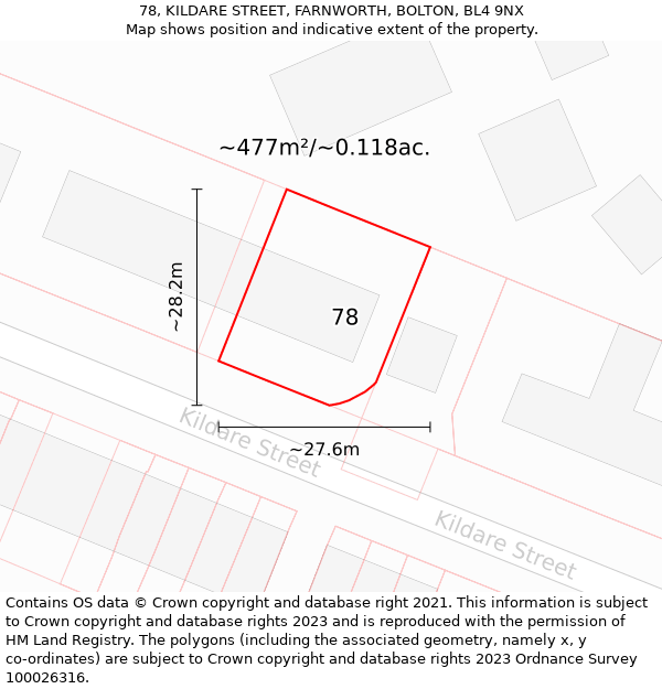 78, KILDARE STREET, FARNWORTH, BOLTON, BL4 9NX: Plot and title map