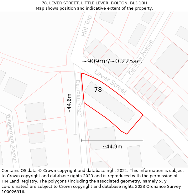 78, LEVER STREET, LITTLE LEVER, BOLTON, BL3 1BH: Plot and title map