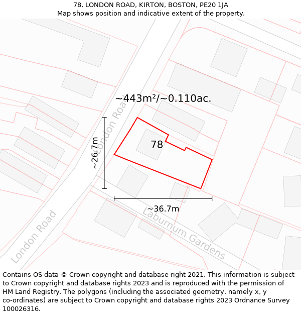 78, LONDON ROAD, KIRTON, BOSTON, PE20 1JA: Plot and title map