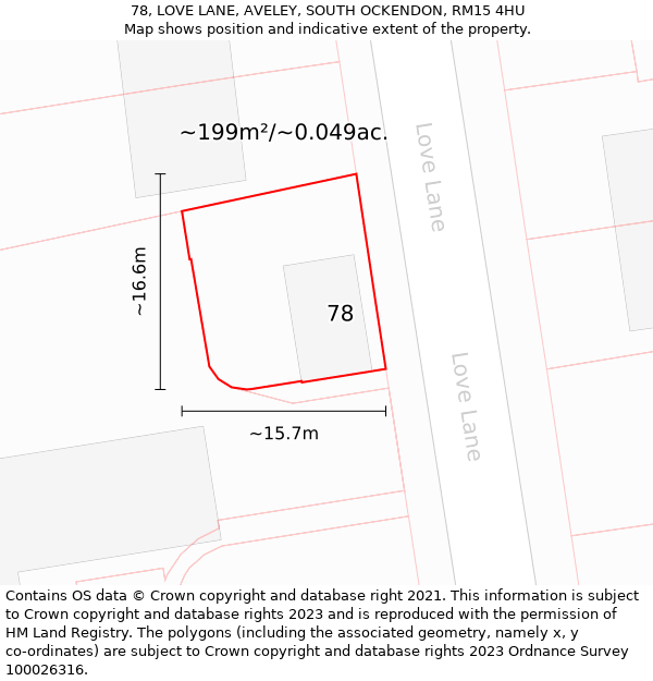 78, LOVE LANE, AVELEY, SOUTH OCKENDON, RM15 4HU: Plot and title map