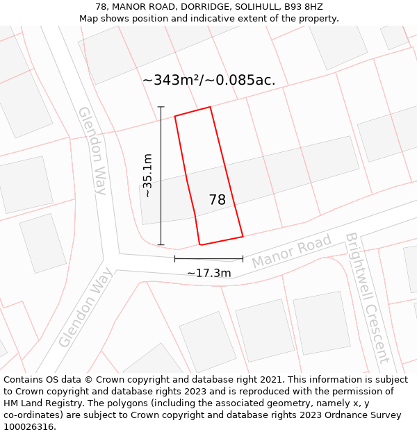 78, MANOR ROAD, DORRIDGE, SOLIHULL, B93 8HZ: Plot and title map