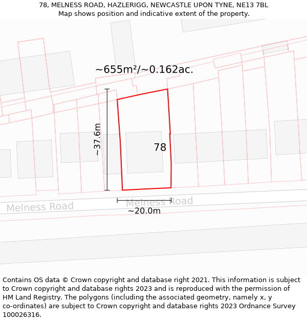 78, MELNESS ROAD, HAZLERIGG, NEWCASTLE UPON TYNE, NE13 7BL: Plot and title map