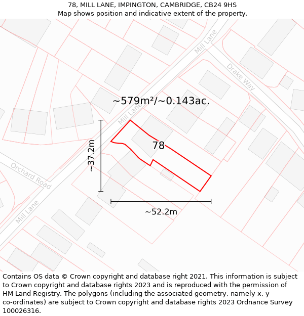 78, MILL LANE, IMPINGTON, CAMBRIDGE, CB24 9HS: Plot and title map