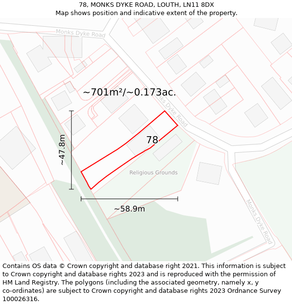 78, MONKS DYKE ROAD, LOUTH, LN11 8DX: Plot and title map