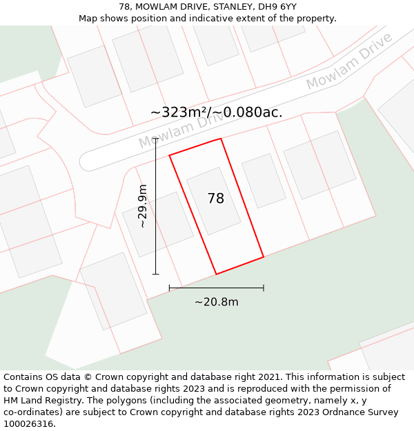 78, MOWLAM DRIVE, STANLEY, DH9 6YY: Plot and title map