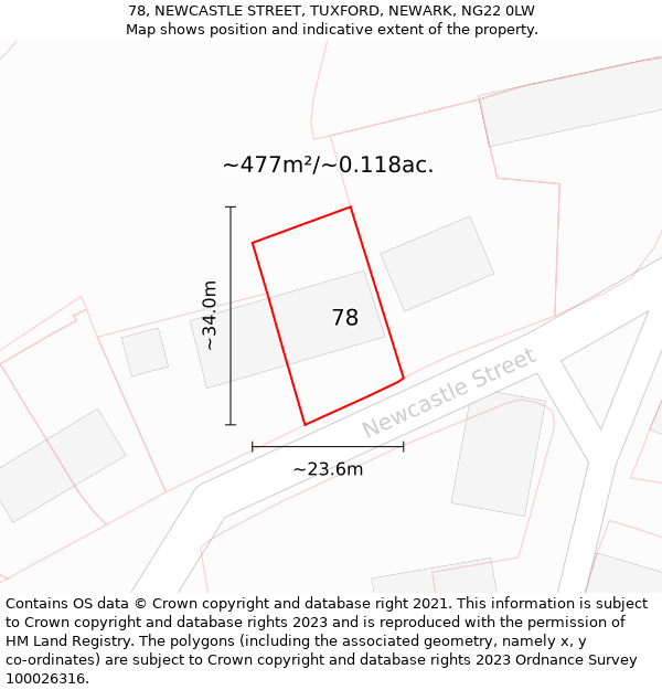 78, NEWCASTLE STREET, TUXFORD, NEWARK, NG22 0LW: Plot and title map
