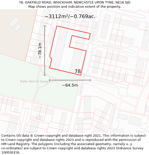 78, OAKFIELD ROAD, WHICKHAM, NEWCASTLE UPON TYNE, NE16 5JD: Plot and title map