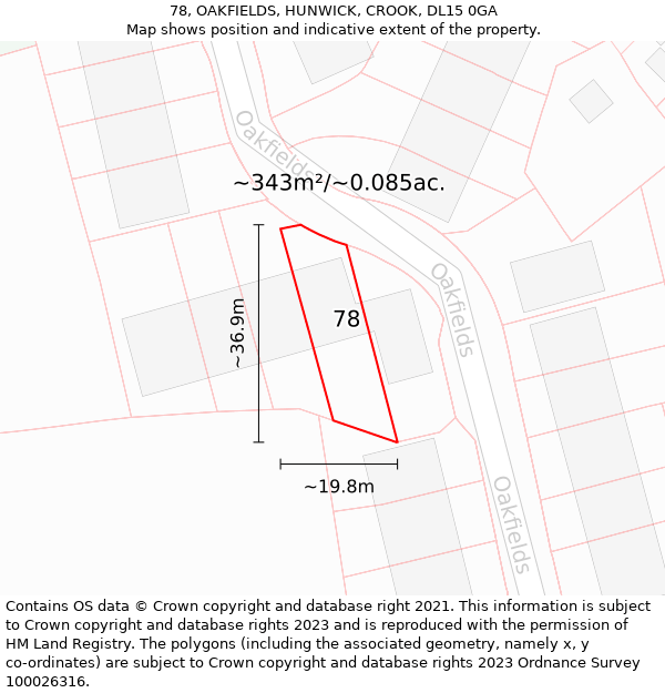 78, OAKFIELDS, HUNWICK, CROOK, DL15 0GA: Plot and title map