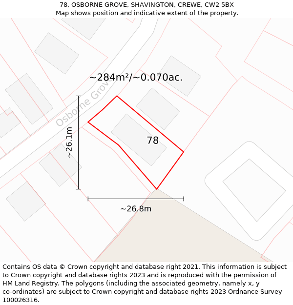 78, OSBORNE GROVE, SHAVINGTON, CREWE, CW2 5BX: Plot and title map