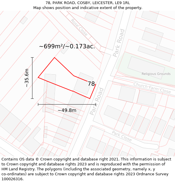 78, PARK ROAD, COSBY, LEICESTER, LE9 1RL: Plot and title map