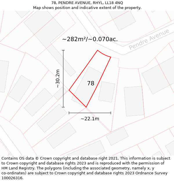 78, PENDRE AVENUE, RHYL, LL18 4NQ: Plot and title map