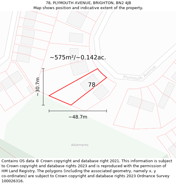 78, PLYMOUTH AVENUE, BRIGHTON, BN2 4JB: Plot and title map