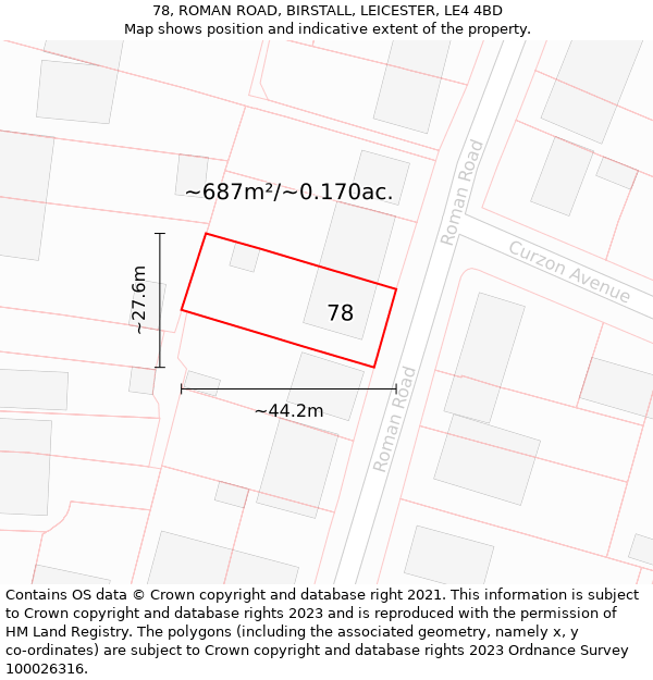 78, ROMAN ROAD, BIRSTALL, LEICESTER, LE4 4BD: Plot and title map