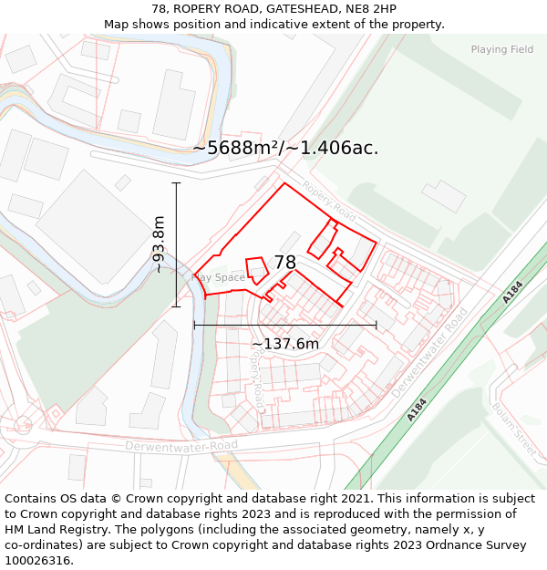 78, ROPERY ROAD, GATESHEAD, NE8 2HP: Plot and title map