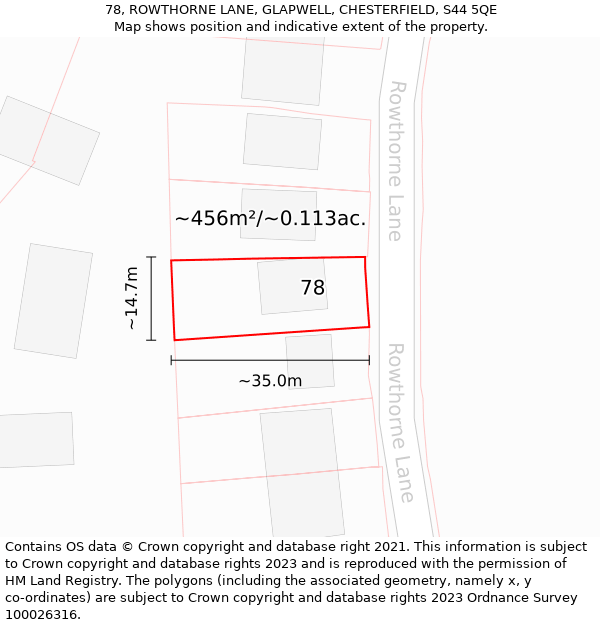 78, ROWTHORNE LANE, GLAPWELL, CHESTERFIELD, S44 5QE: Plot and title map