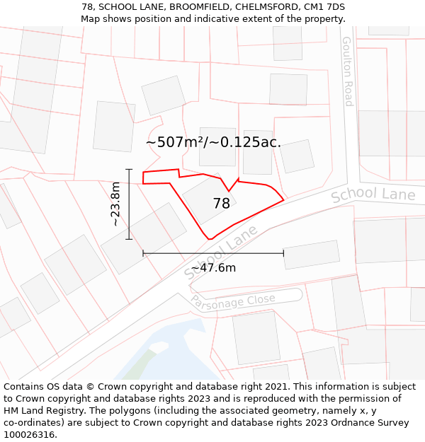 78, SCHOOL LANE, BROOMFIELD, CHELMSFORD, CM1 7DS: Plot and title map