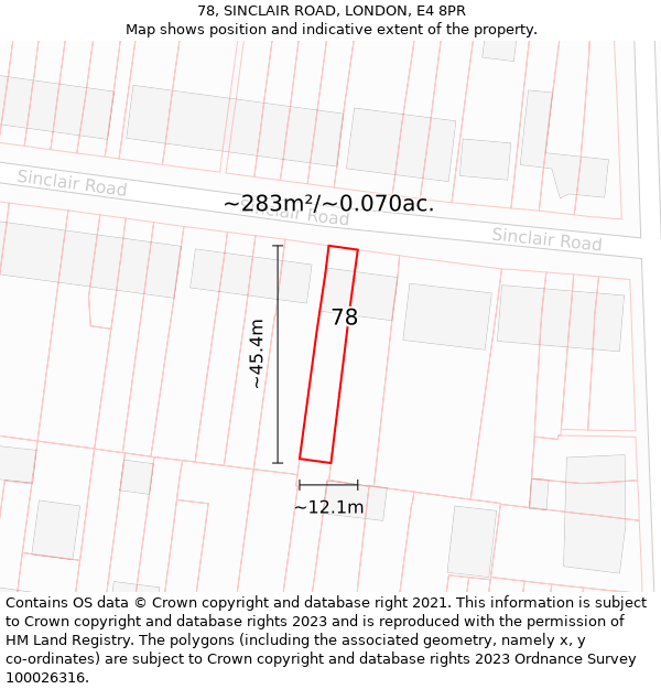 78, SINCLAIR ROAD, LONDON, E4 8PR: Plot and title map