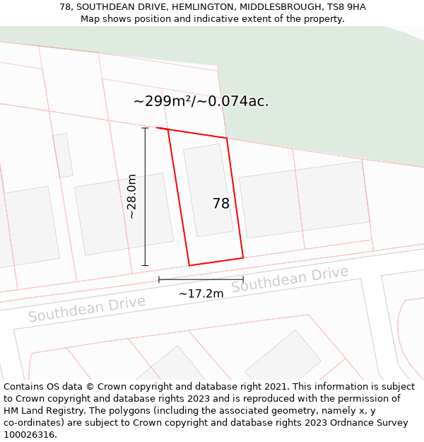 78, SOUTHDEAN DRIVE, HEMLINGTON, MIDDLESBROUGH, TS8 9HA: Plot and title map