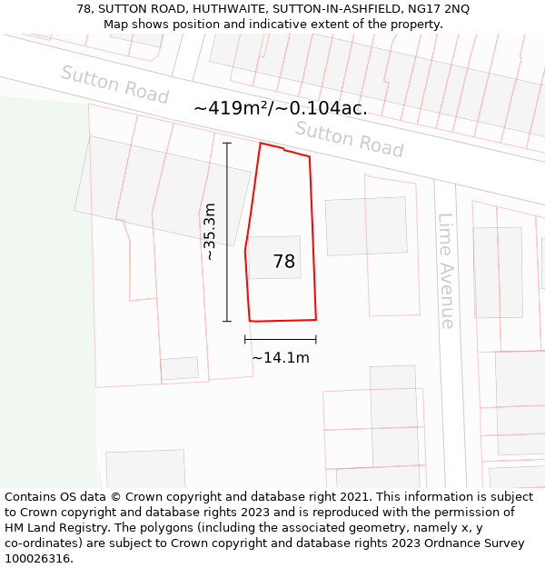 78, SUTTON ROAD, HUTHWAITE, SUTTON-IN-ASHFIELD, NG17 2NQ: Plot and title map