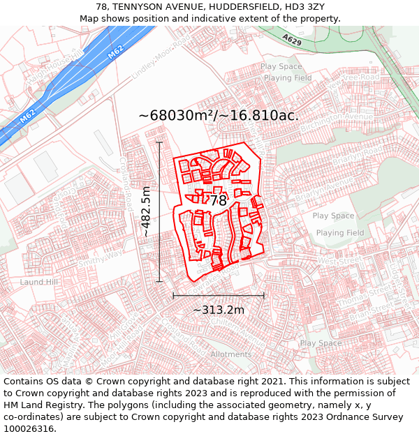 78, TENNYSON AVENUE, HUDDERSFIELD, HD3 3ZY: Plot and title map