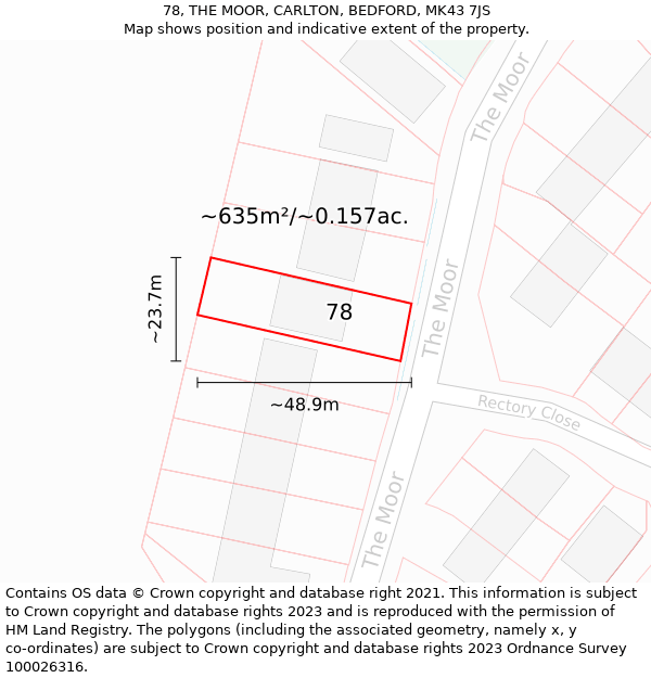 78, THE MOOR, CARLTON, BEDFORD, MK43 7JS: Plot and title map