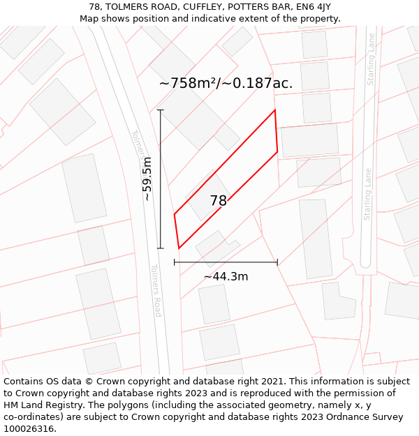 78, TOLMERS ROAD, CUFFLEY, POTTERS BAR, EN6 4JY: Plot and title map