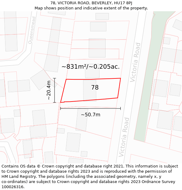 78, VICTORIA ROAD, BEVERLEY, HU17 8PJ: Plot and title map