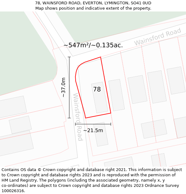 78, WAINSFORD ROAD, EVERTON, LYMINGTON, SO41 0UD: Plot and title map