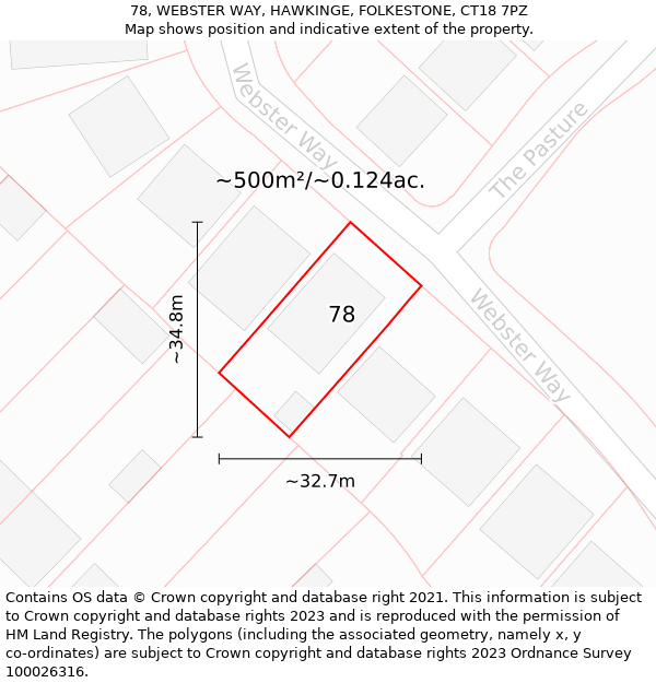 78, WEBSTER WAY, HAWKINGE, FOLKESTONE, CT18 7PZ: Plot and title map