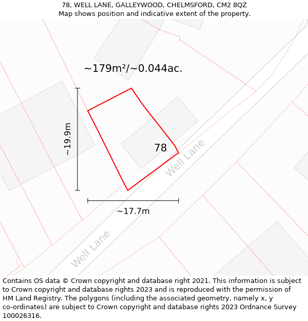 78, WELL LANE, GALLEYWOOD, CHELMSFORD, CM2 8QZ: Plot and title map