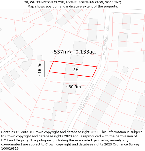 78, WHITTINGTON CLOSE, HYTHE, SOUTHAMPTON, SO45 5NQ: Plot and title map