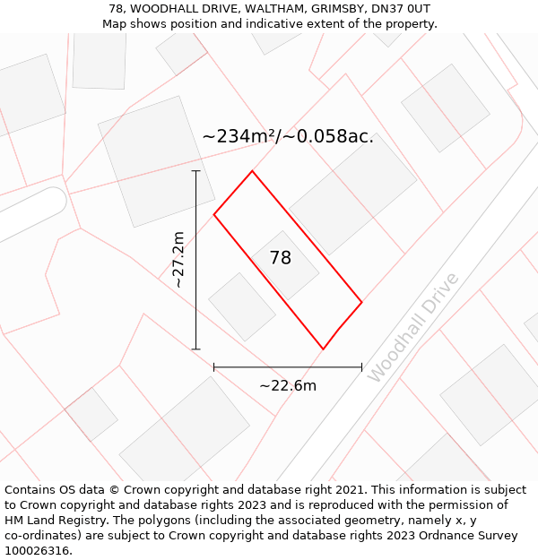 78, WOODHALL DRIVE, WALTHAM, GRIMSBY, DN37 0UT: Plot and title map