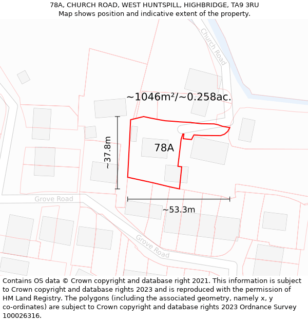 78A, CHURCH ROAD, WEST HUNTSPILL, HIGHBRIDGE, TA9 3RU: Plot and title map