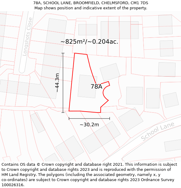 78A, SCHOOL LANE, BROOMFIELD, CHELMSFORD, CM1 7DS: Plot and title map