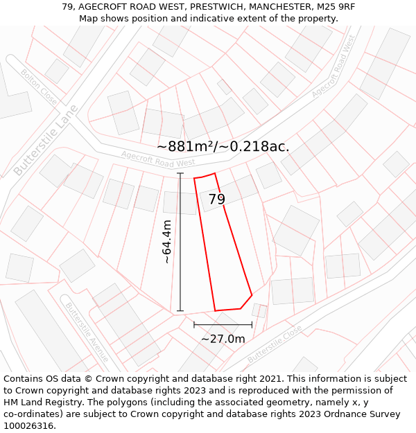 79, AGECROFT ROAD WEST, PRESTWICH, MANCHESTER, M25 9RF: Plot and title map