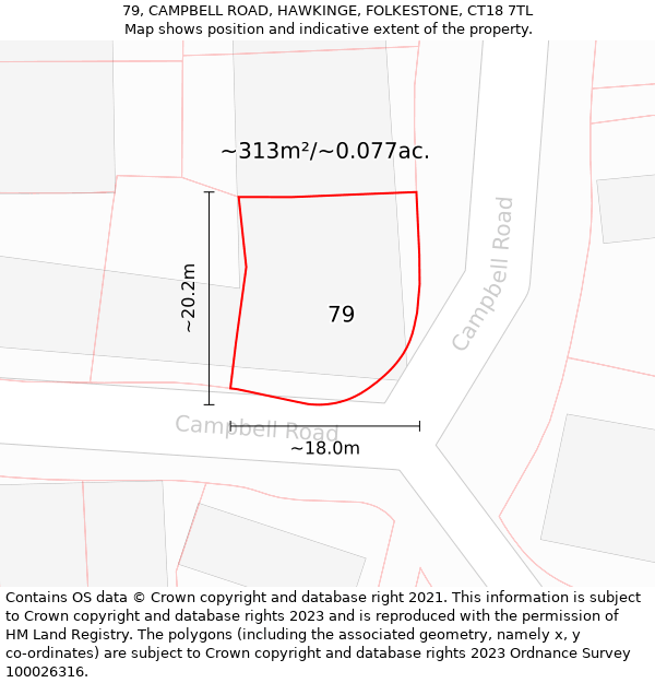 79, CAMPBELL ROAD, HAWKINGE, FOLKESTONE, CT18 7TL: Plot and title map