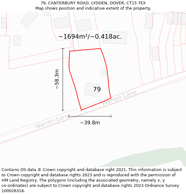 79, CANTERBURY ROAD, LYDDEN, DOVER, CT15 7EX: Plot and title map