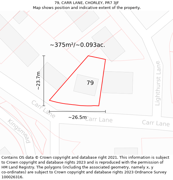 79, CARR LANE, CHORLEY, PR7 3JF: Plot and title map