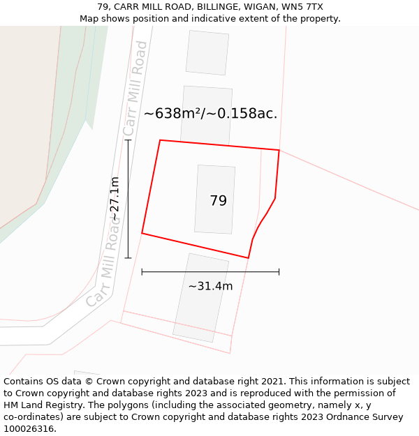 79, CARR MILL ROAD, BILLINGE, WIGAN, WN5 7TX: Plot and title map