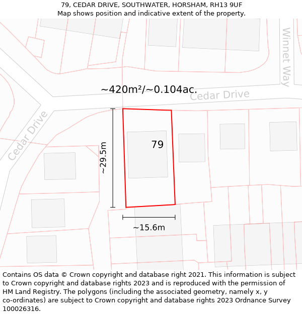 79, CEDAR DRIVE, SOUTHWATER, HORSHAM, RH13 9UF: Plot and title map