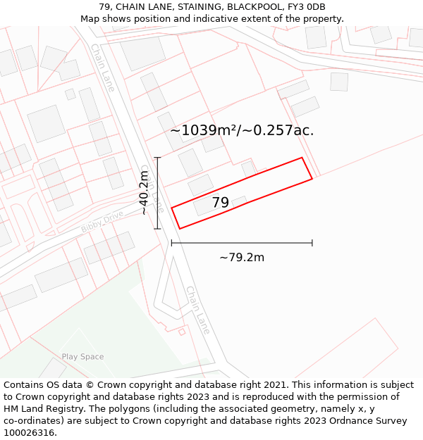 79, CHAIN LANE, STAINING, BLACKPOOL, FY3 0DB: Plot and title map