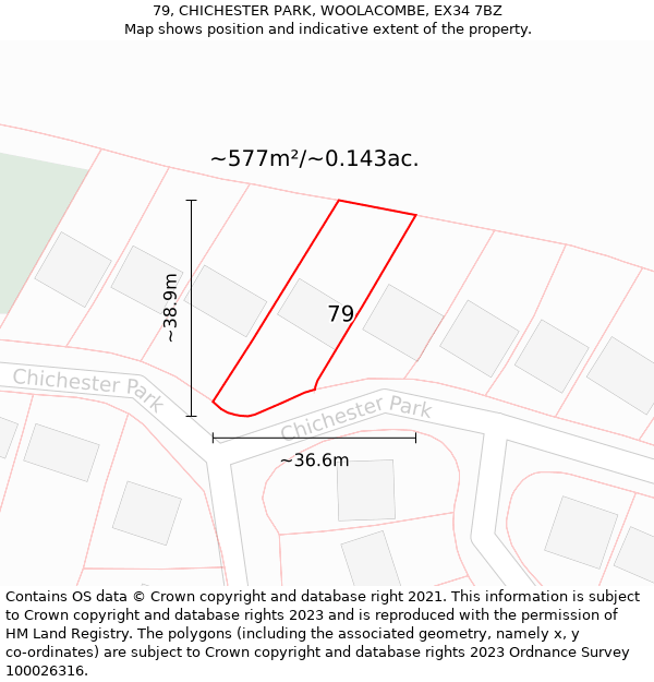 79, CHICHESTER PARK, WOOLACOMBE, EX34 7BZ: Plot and title map