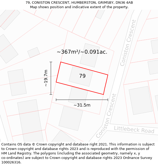 79, CONISTON CRESCENT, HUMBERSTON, GRIMSBY, DN36 4AB: Plot and title map