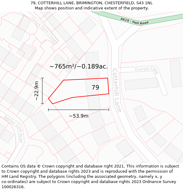 79, COTTERHILL LANE, BRIMINGTON, CHESTERFIELD, S43 1NL: Plot and title map