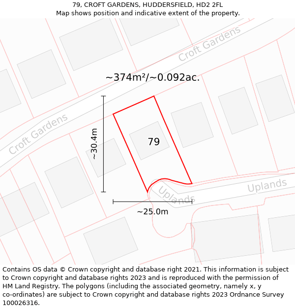 79, CROFT GARDENS, HUDDERSFIELD, HD2 2FL: Plot and title map