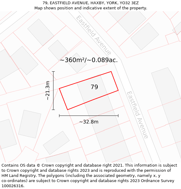 79, EASTFIELD AVENUE, HAXBY, YORK, YO32 3EZ: Plot and title map