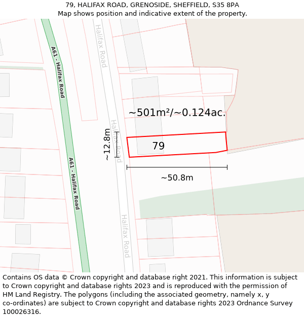 79, HALIFAX ROAD, GRENOSIDE, SHEFFIELD, S35 8PA: Plot and title map